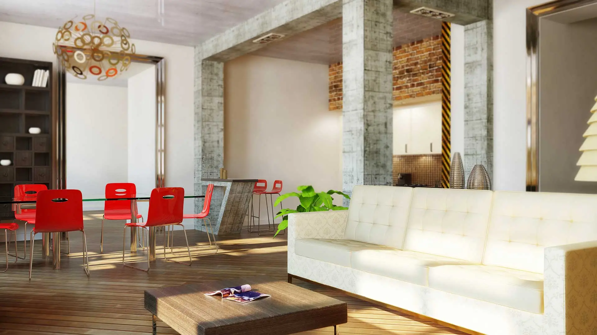 a living room with white furniture and red accents at The  Collectives